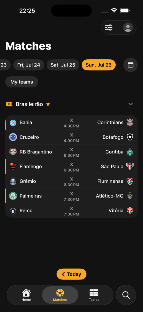 All matches list in KickFlow