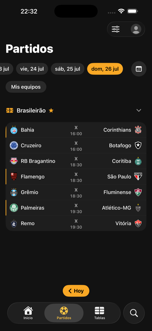 Lista de partidos en KickFlow